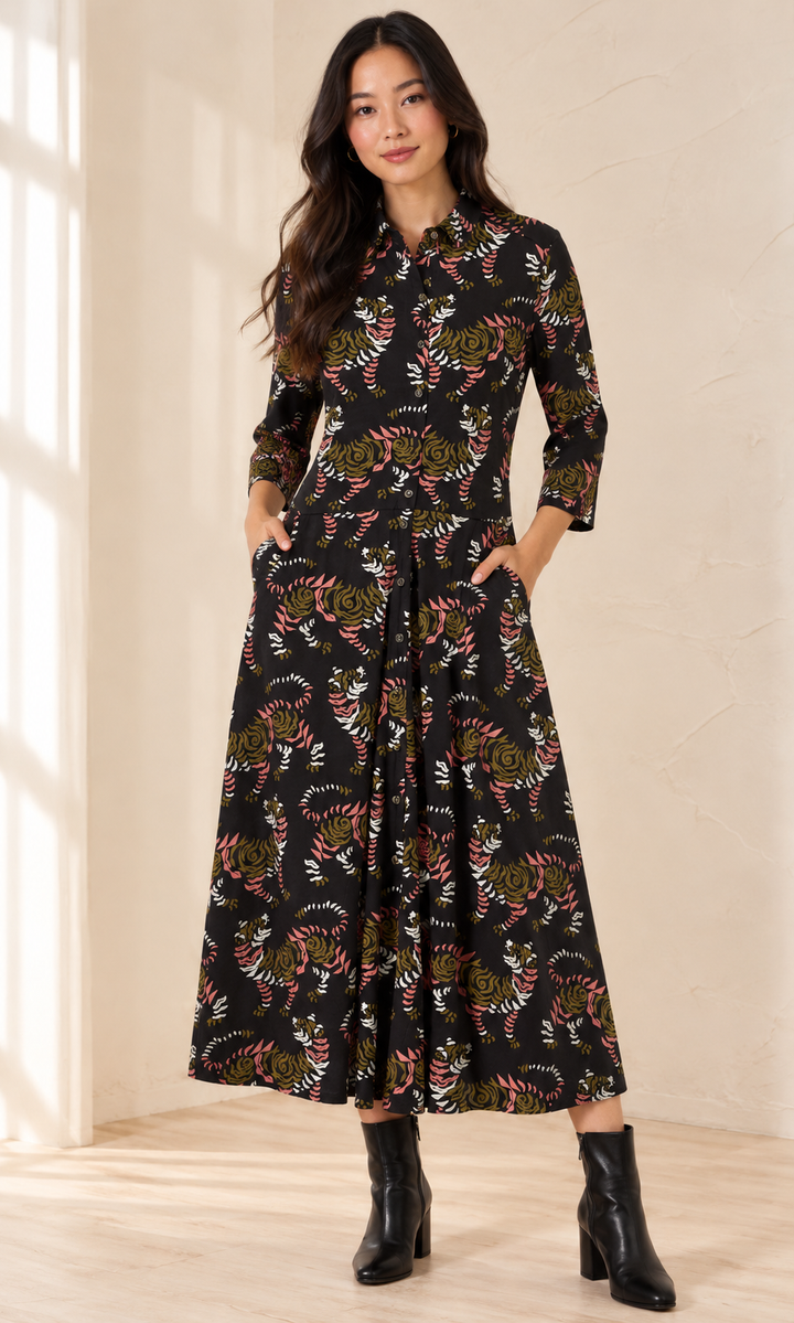 Tiger Print Button Front Midi Dress