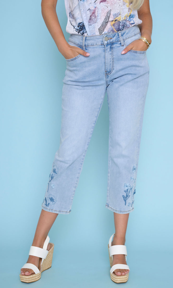 Floral Embroidered Cropped Straight Jean