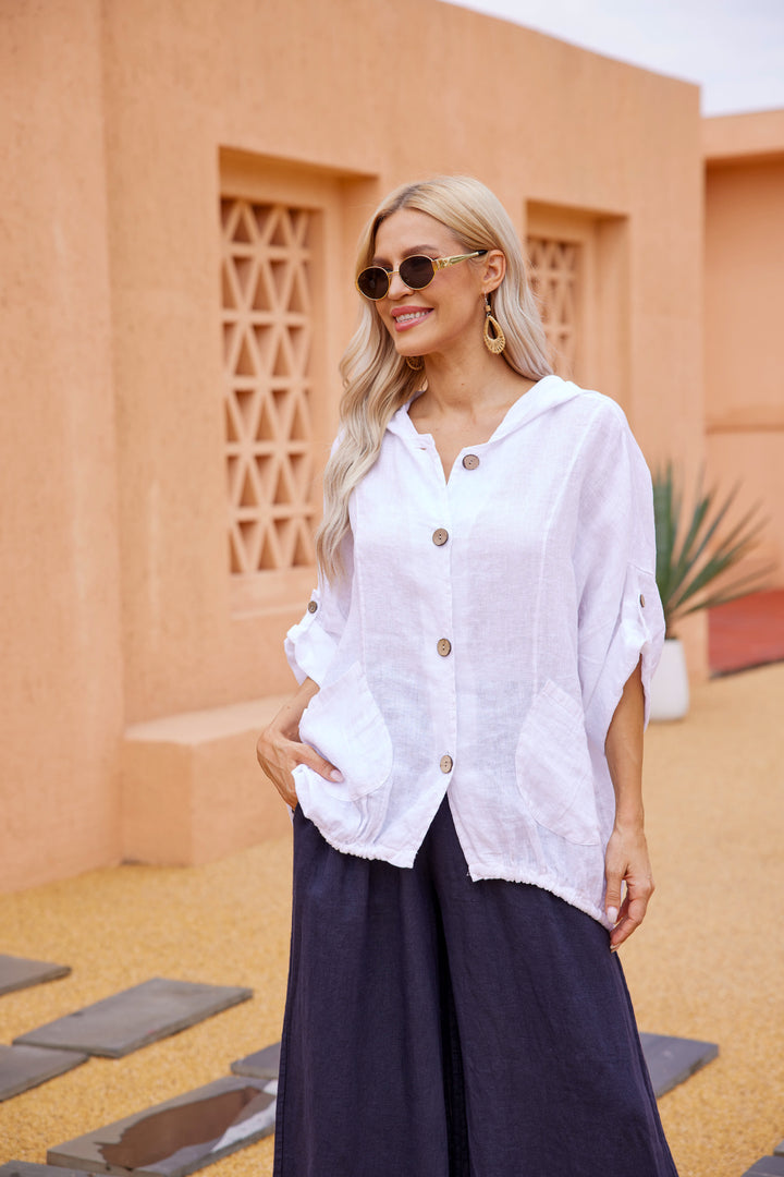 Linen Hooded Button Front Jacket