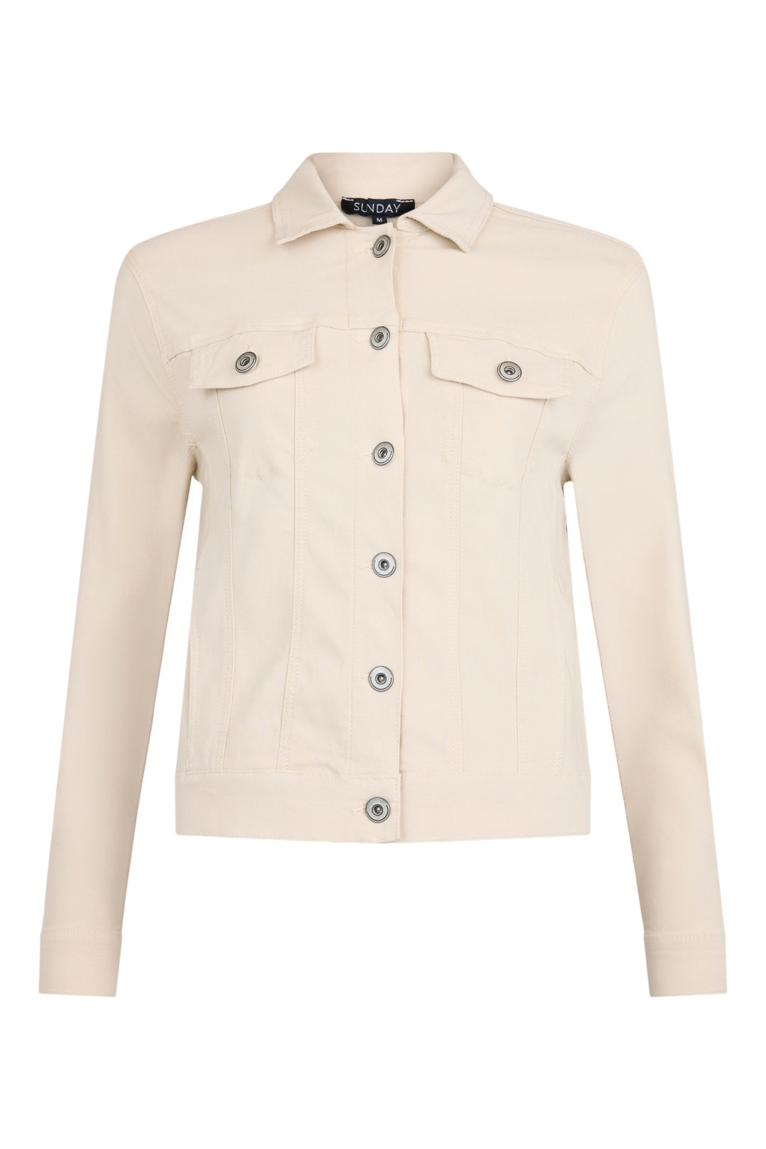 Beige denim jacket with button details on a white background
