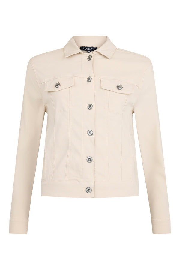 Beige denim jacket with button details on a white background