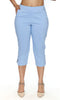 Light blue capri pants worn by a person on a white background