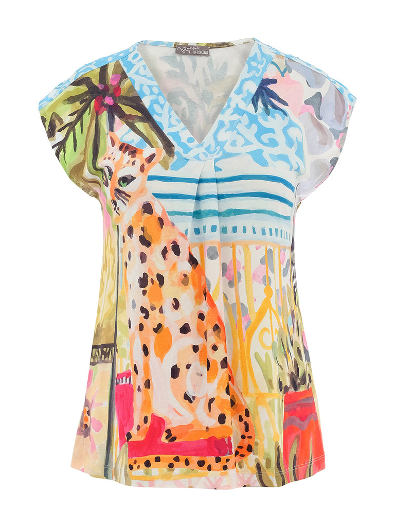 Colorful blouse with animal print on a white background