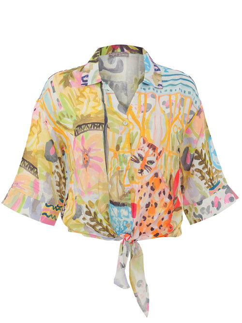 Art-Inspired Tie-Front Button Blouse
