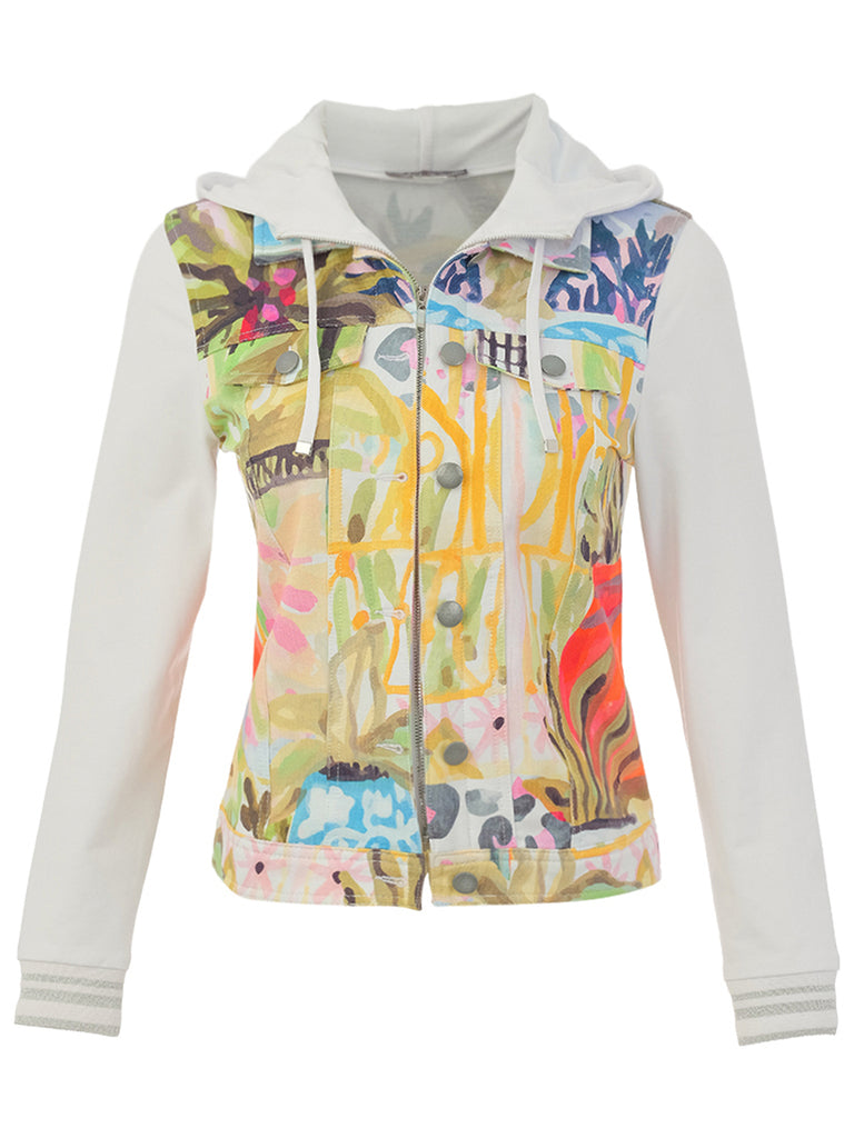 Colorful hoodie with abstract patterns on a white background