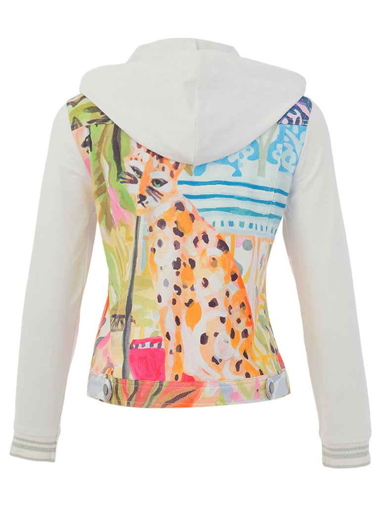 Colorful animal print hoodie on a white background