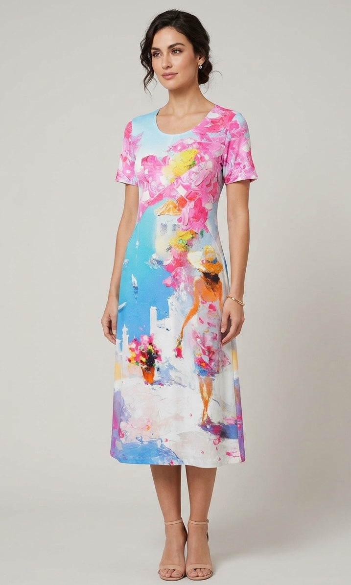 Cotton Blend Printed Stretch Midi Dress
