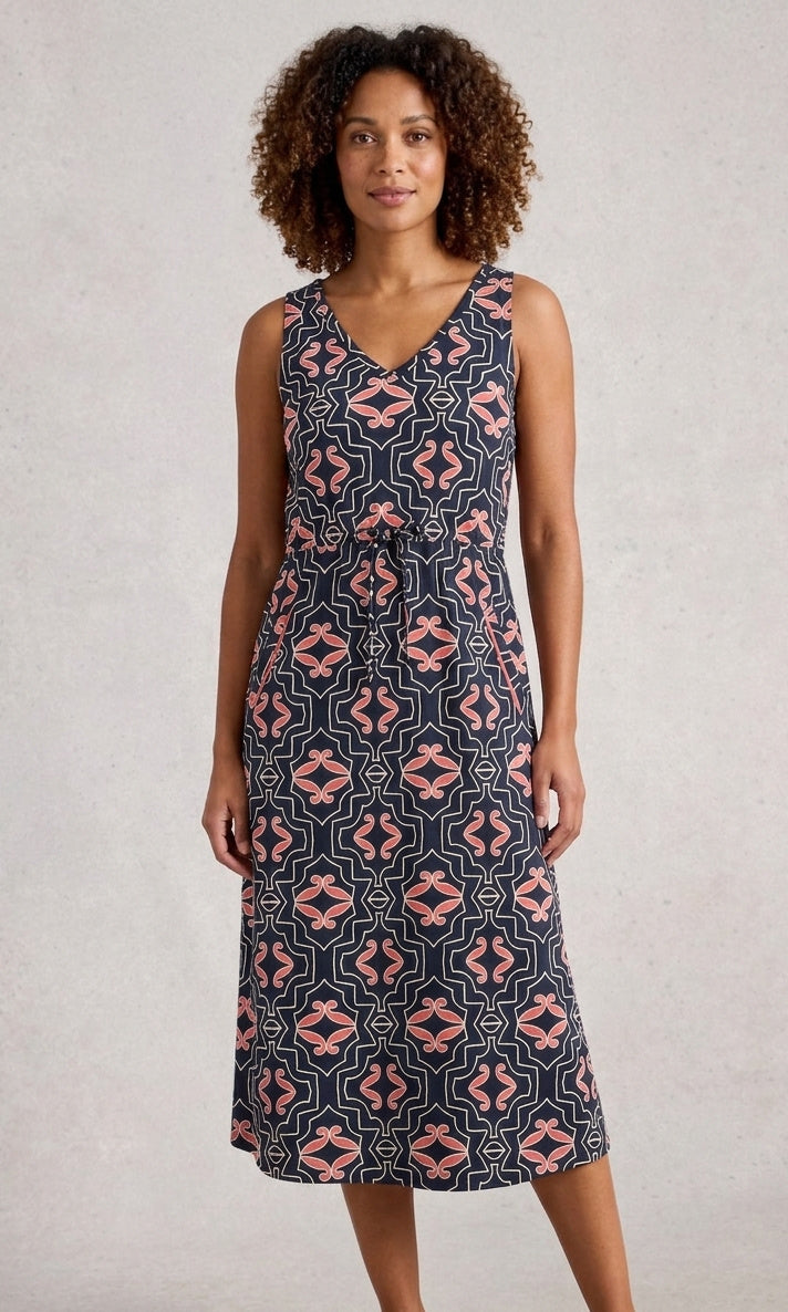 Cotton Printed Sleeveless Tie-Waist Dress