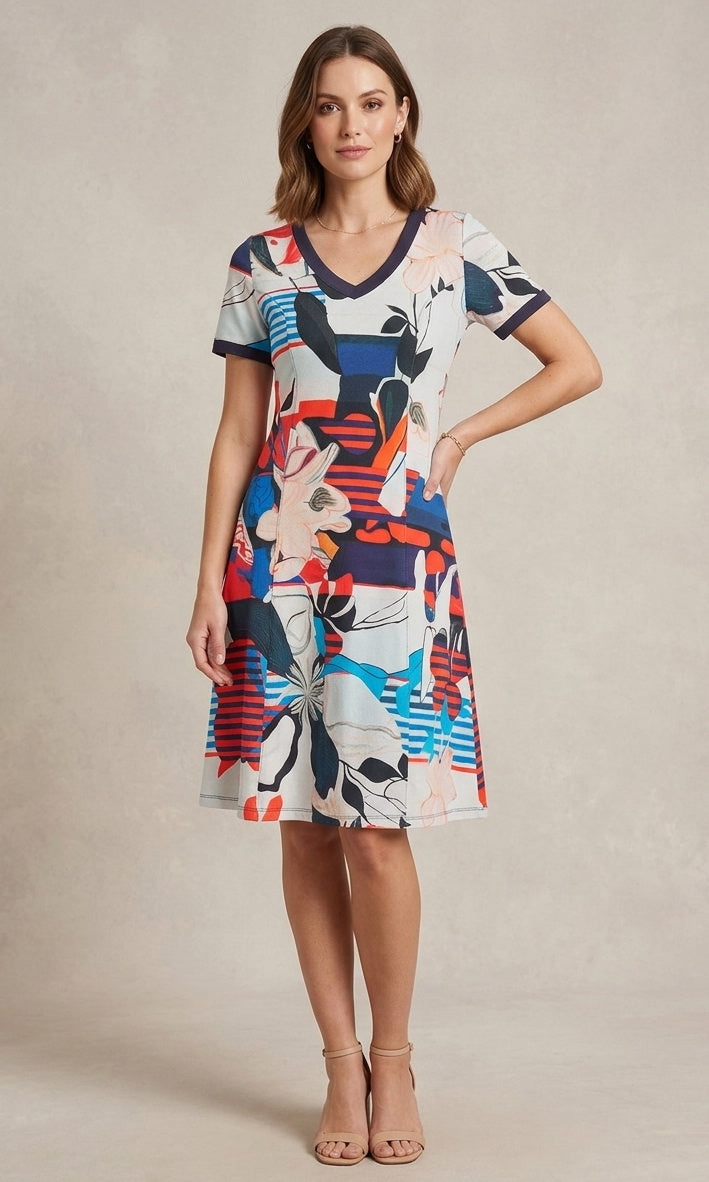 Cotton Stretch Abstract Print V-Neck Dress
