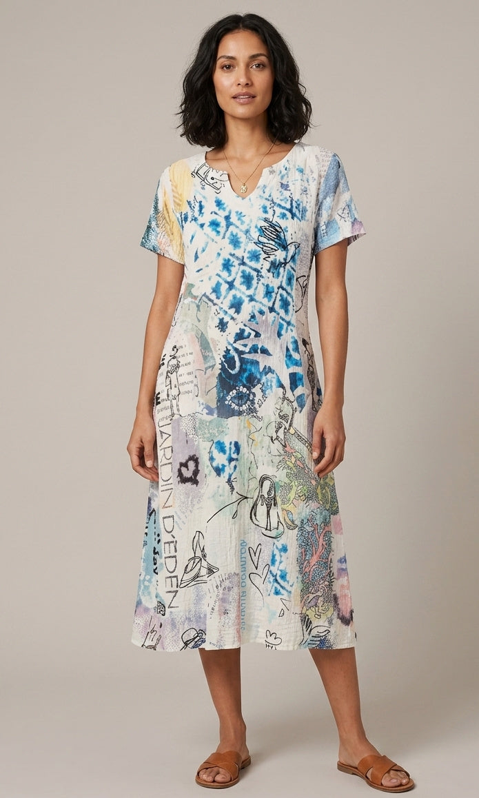 Viscose Stretch Mixed Print Midi Dress