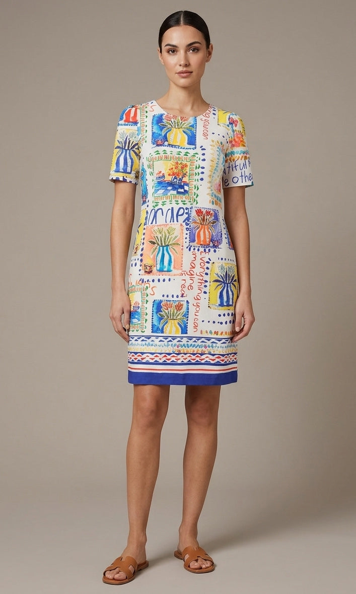 Cotton Blend Printed Stretch Shift Dress