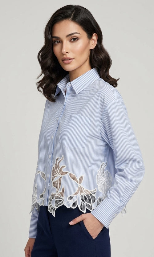 Striped Button-Front Blouse with Lace Hem
