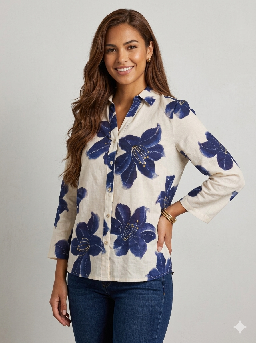 Painterly Floral Button Front Blouse
