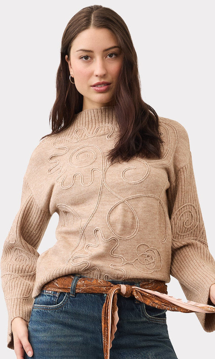 Abstract Embroidered Mock Neck Sweater