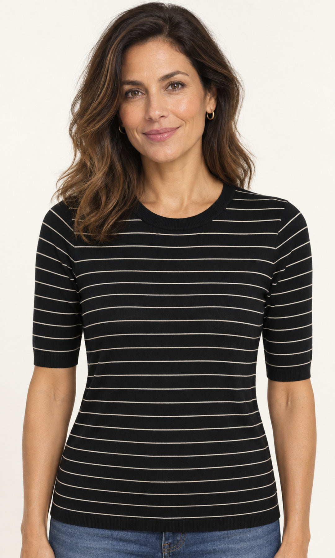 Striped Elbow-Sleeve Knit Top