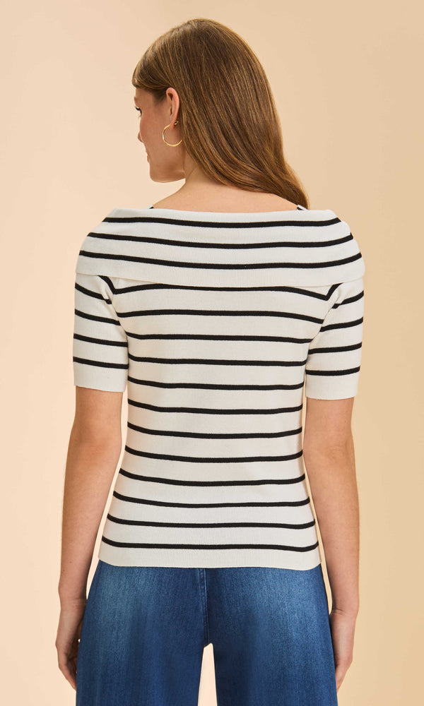 Black and white striped knit short sleeve bow neck top