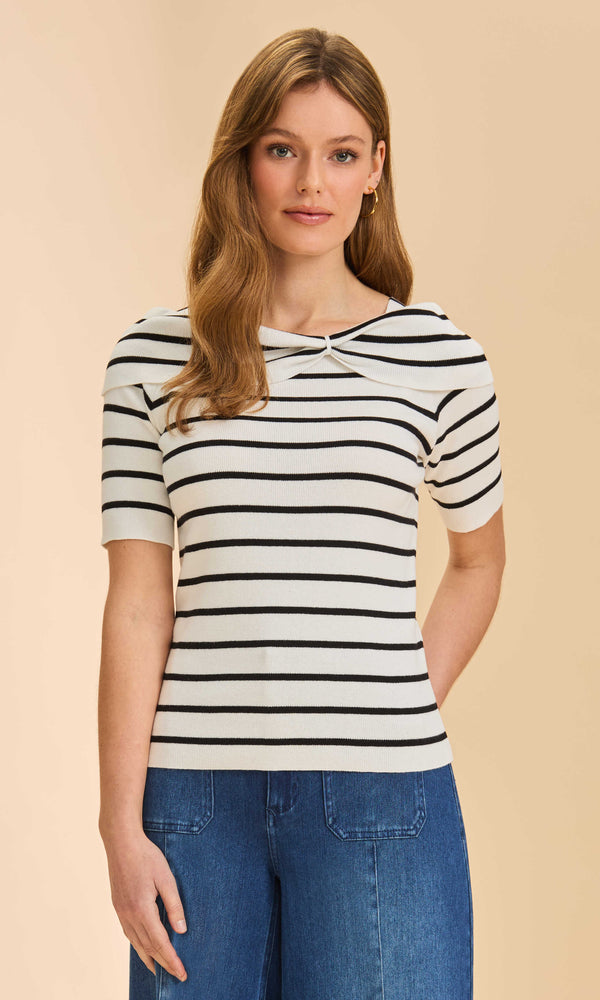 Black and white striped knit short sleeve bow neck top