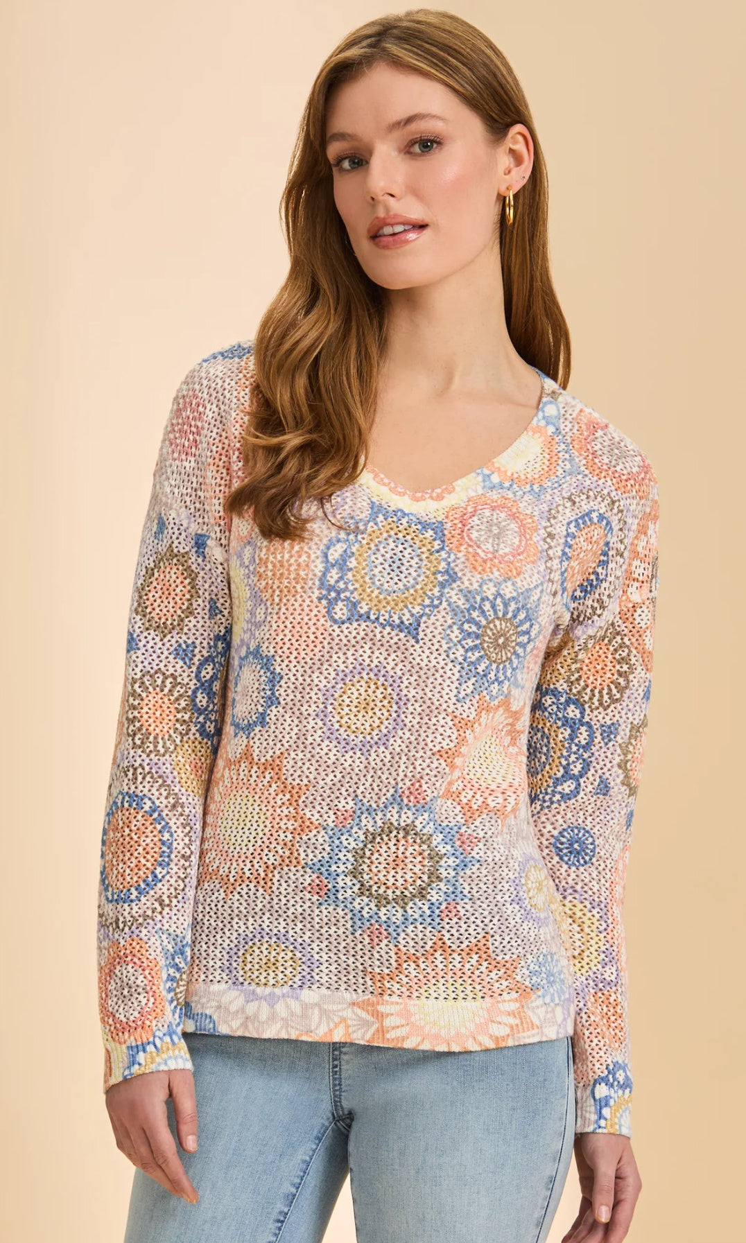 Open Knit Printed Sweater
