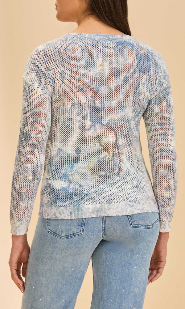 Pastel floral mesh knit v-neck sweater