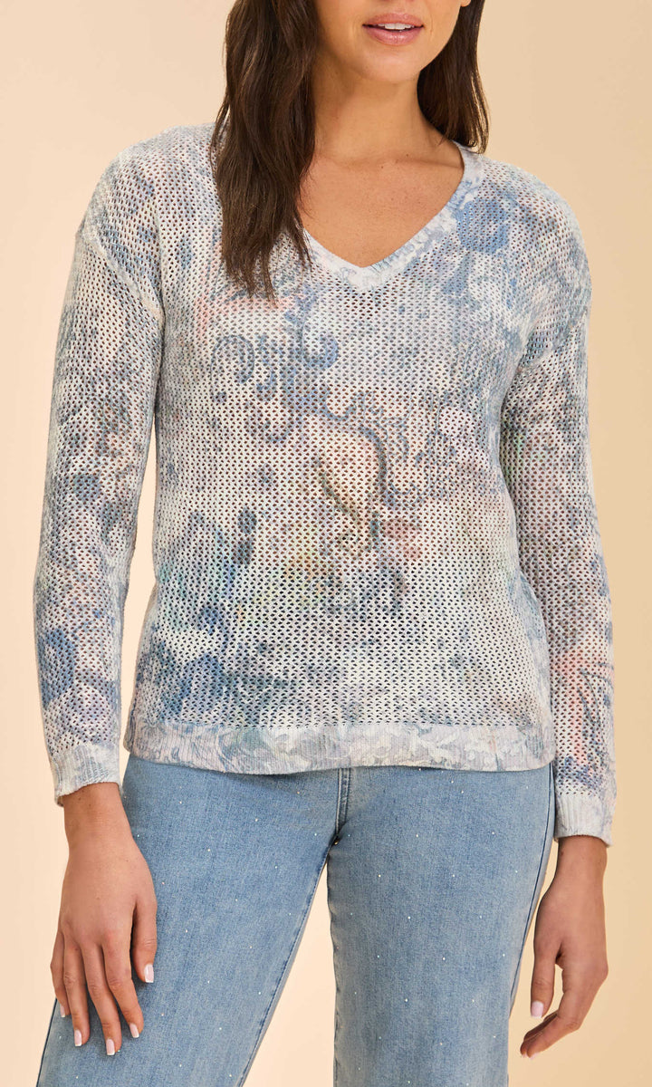 Pastel floral mesh knit v-neck sweater