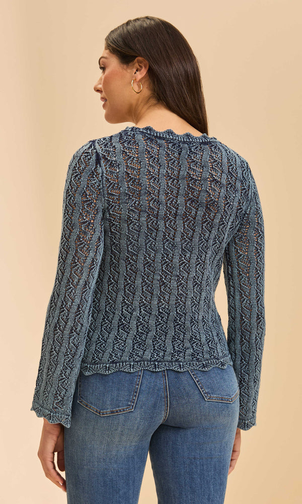Blue lace knit long sleeve sweater with open-stitch pattern.