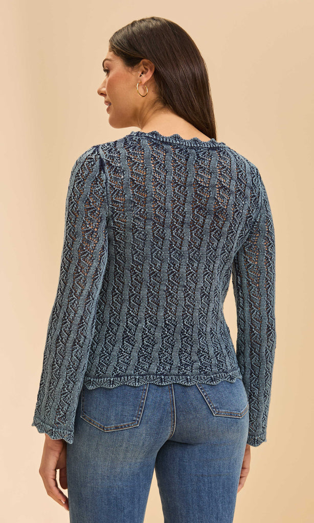 Blue lace knit long sleeve sweater with open-stitch pattern.