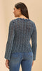 Blue lace knit long sleeve sweater with open-stitch pattern.