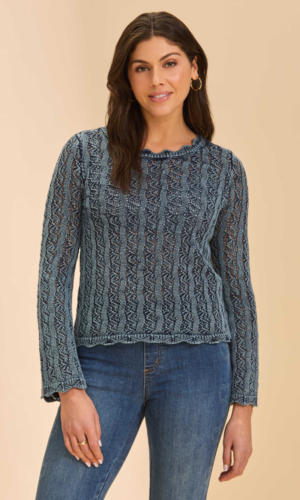 Blue lace knit long sleeve sweater with open-stitch pattern.