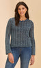 Blue lace knit long sleeve sweater with open-stitch pattern.