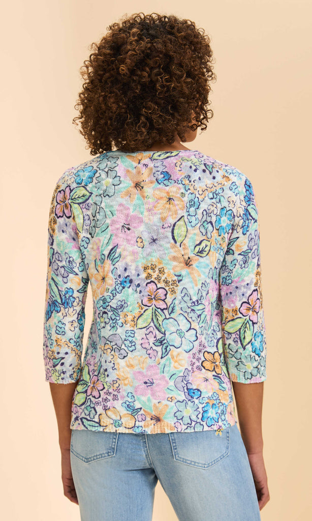 Pastel multi floral print crew neck top with 3/4 sleeves