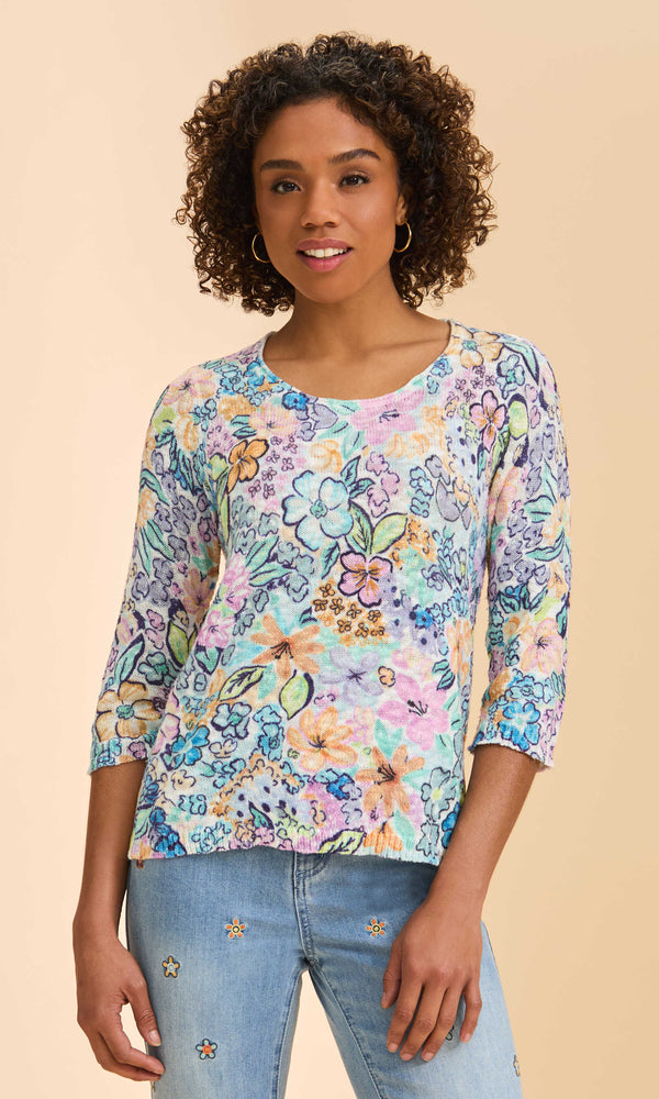 Pastel multi floral print crew neck top with 3/4 sleeves