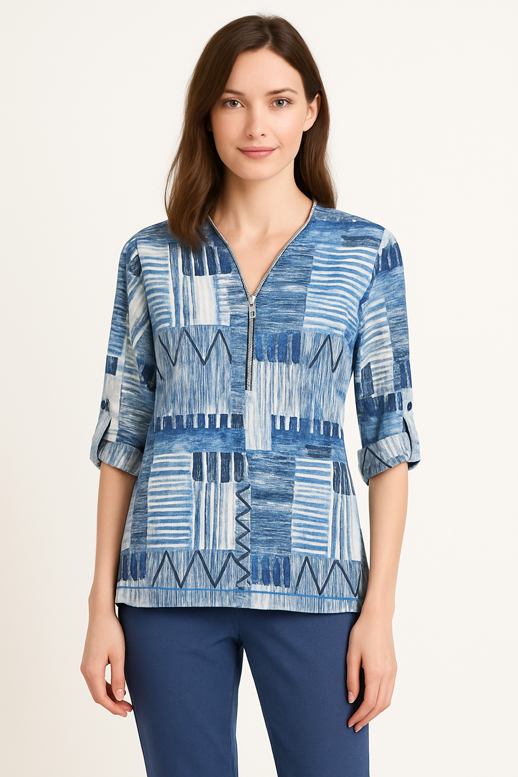 Printed Zip-Front Roll Sleeve Top