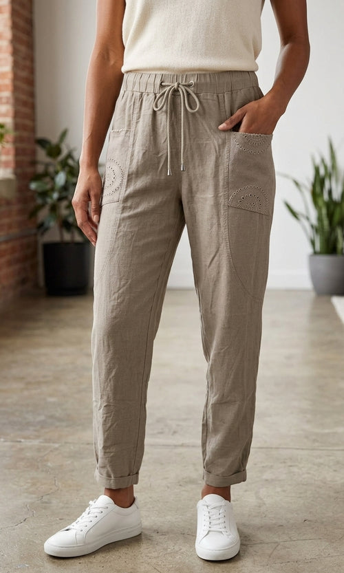 Relaxed Drawstring Pants with Embroidered Pocket Detail