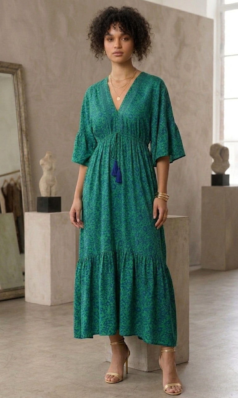 Printed Drawstring Waist Maxi Dress