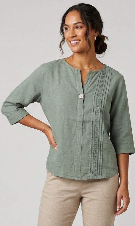 Pleated Detail Linen Button Top