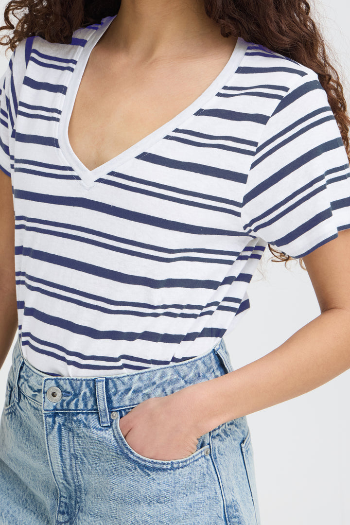 Striped V-Neck Short Sleeve Knit Top