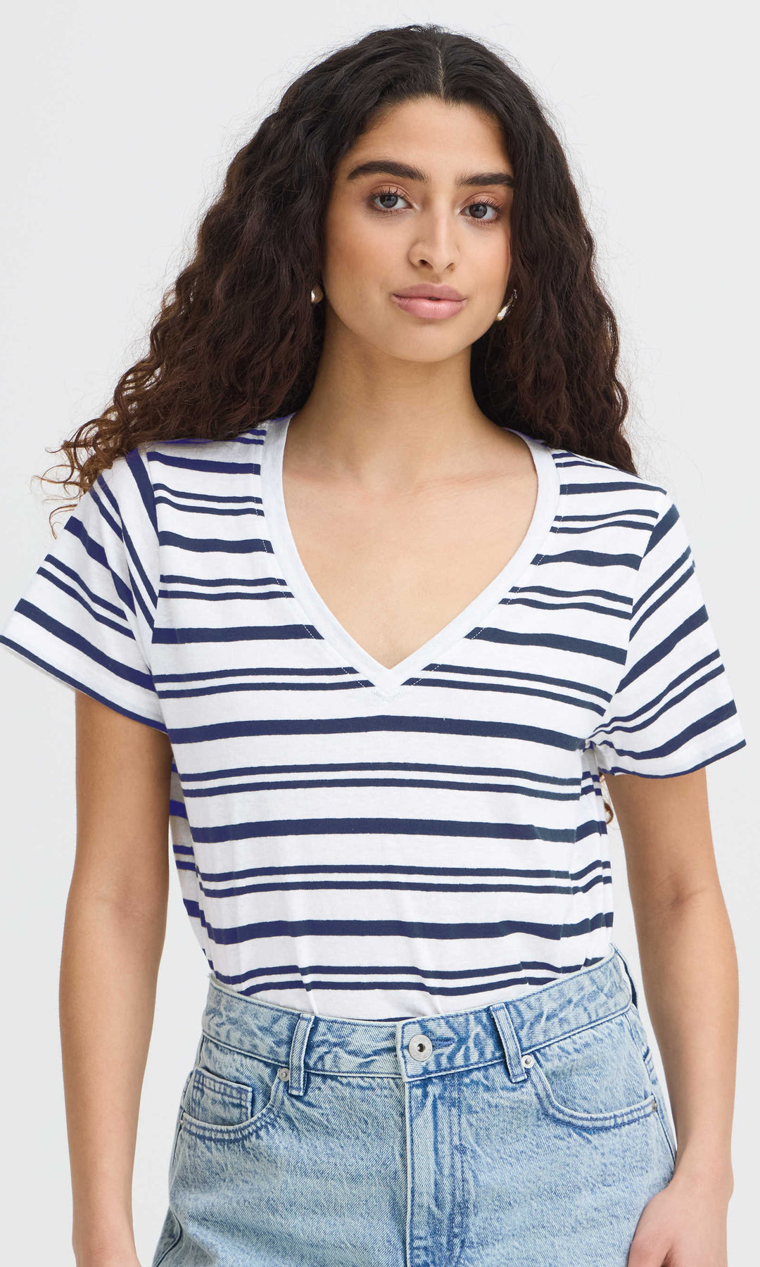 Striped V-Neck Short Sleeve Knit Top
