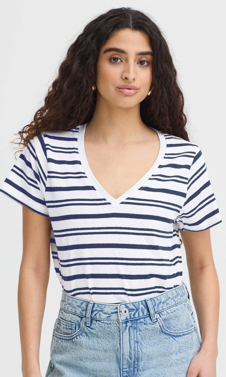 Striped V-Neck Short Sleeve Knit Top