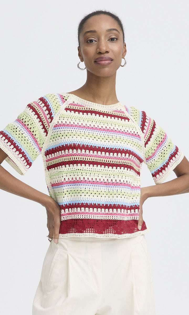 Short Sleeve Crochet Stripe Knit Top