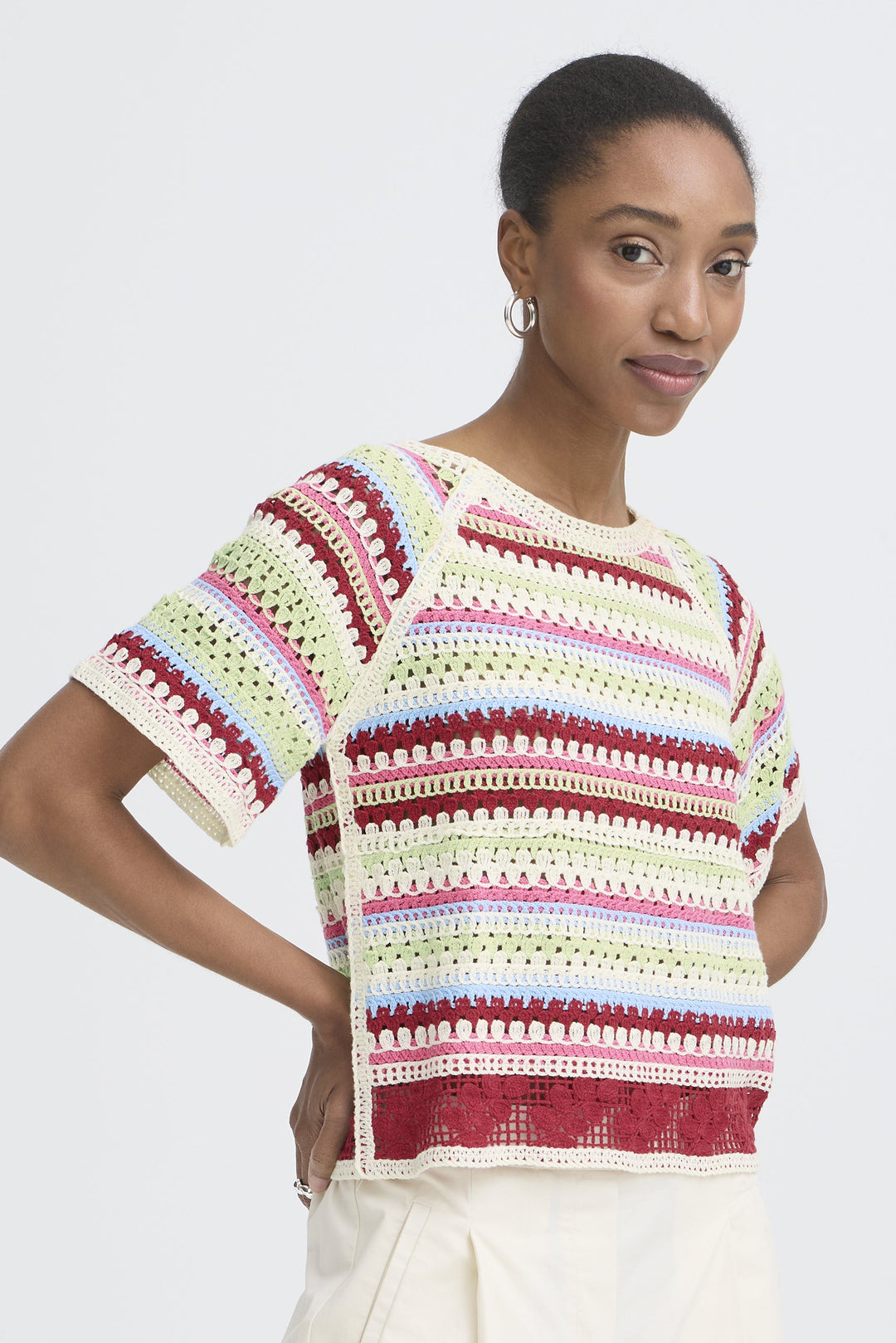 Short Sleeve Crochet Stripe Knit Top