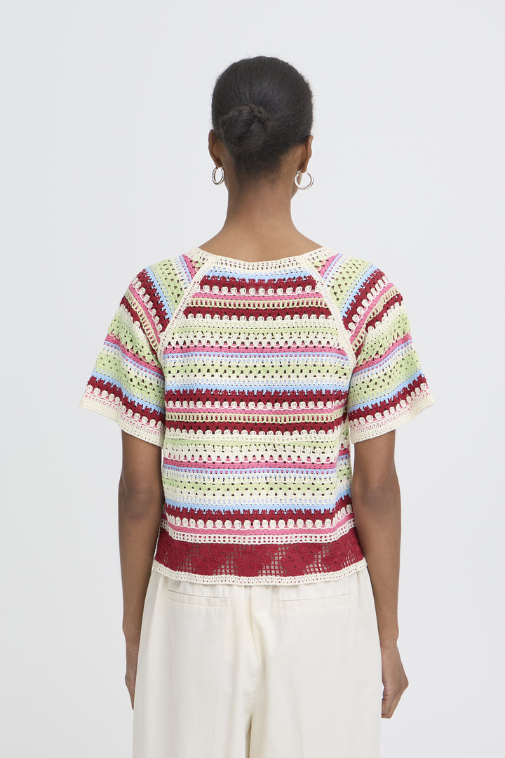 Short Sleeve Crochet Stripe Knit Top