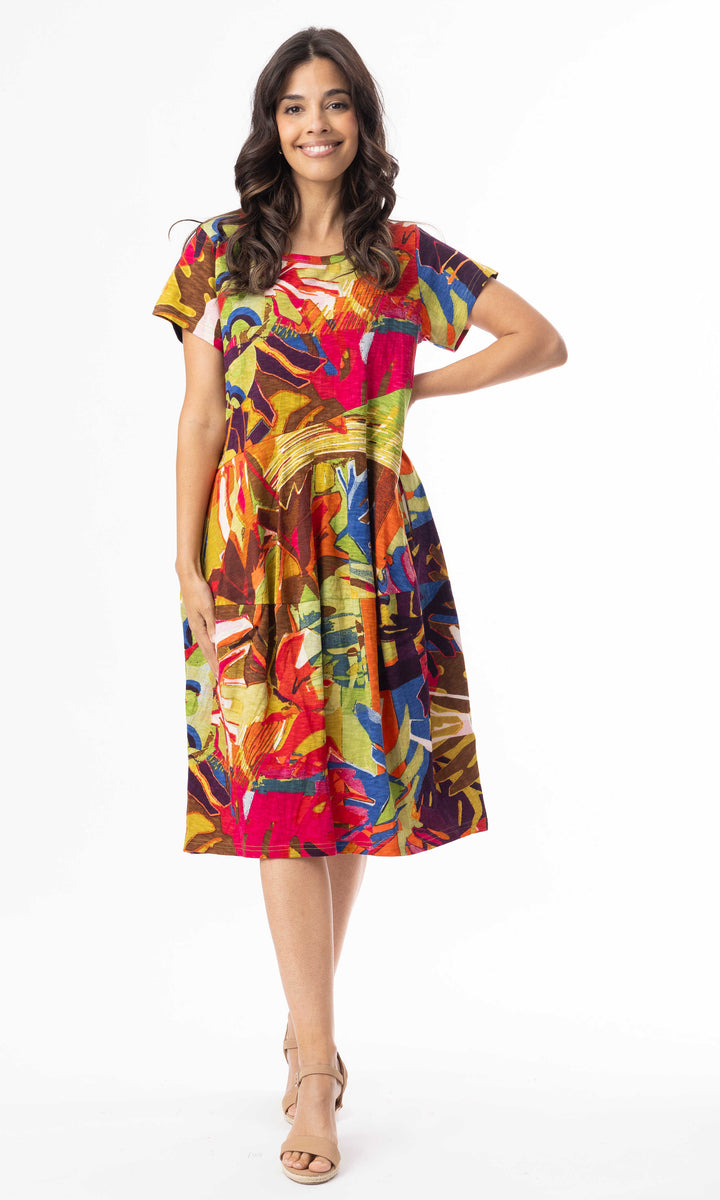 Abstract Print Short Sleeve Midi Dress with Pockets