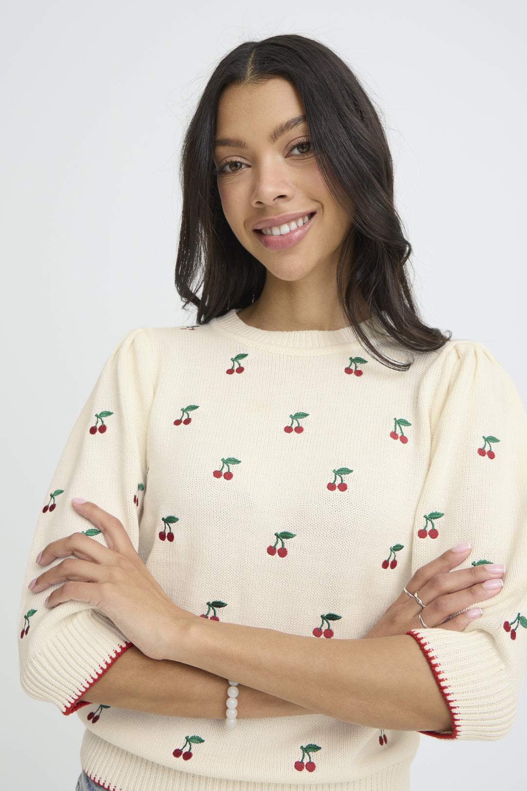 Cherry Print Elbow Sleeve Knit Sweater