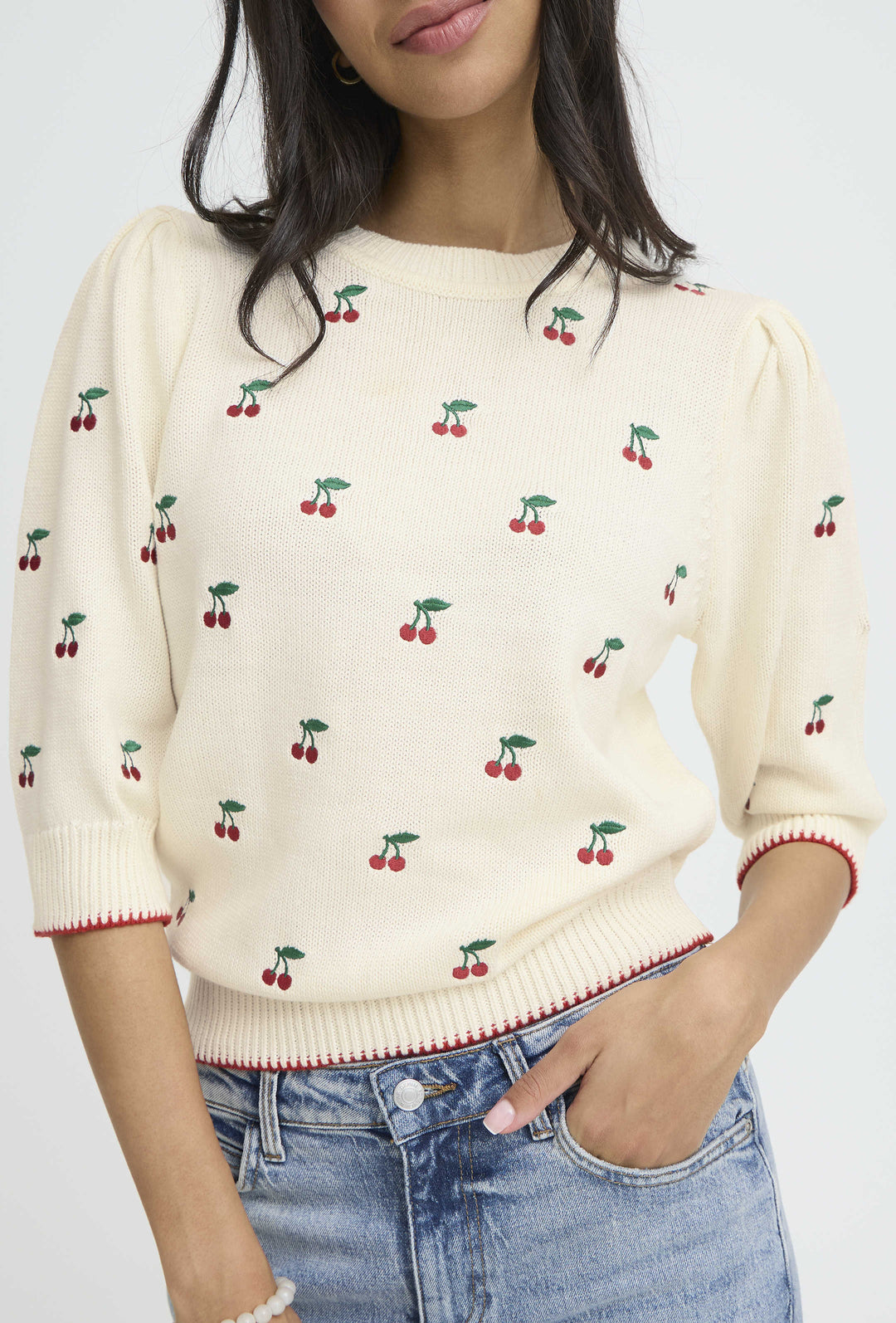 Cherry Print Elbow Sleeve Knit Sweater