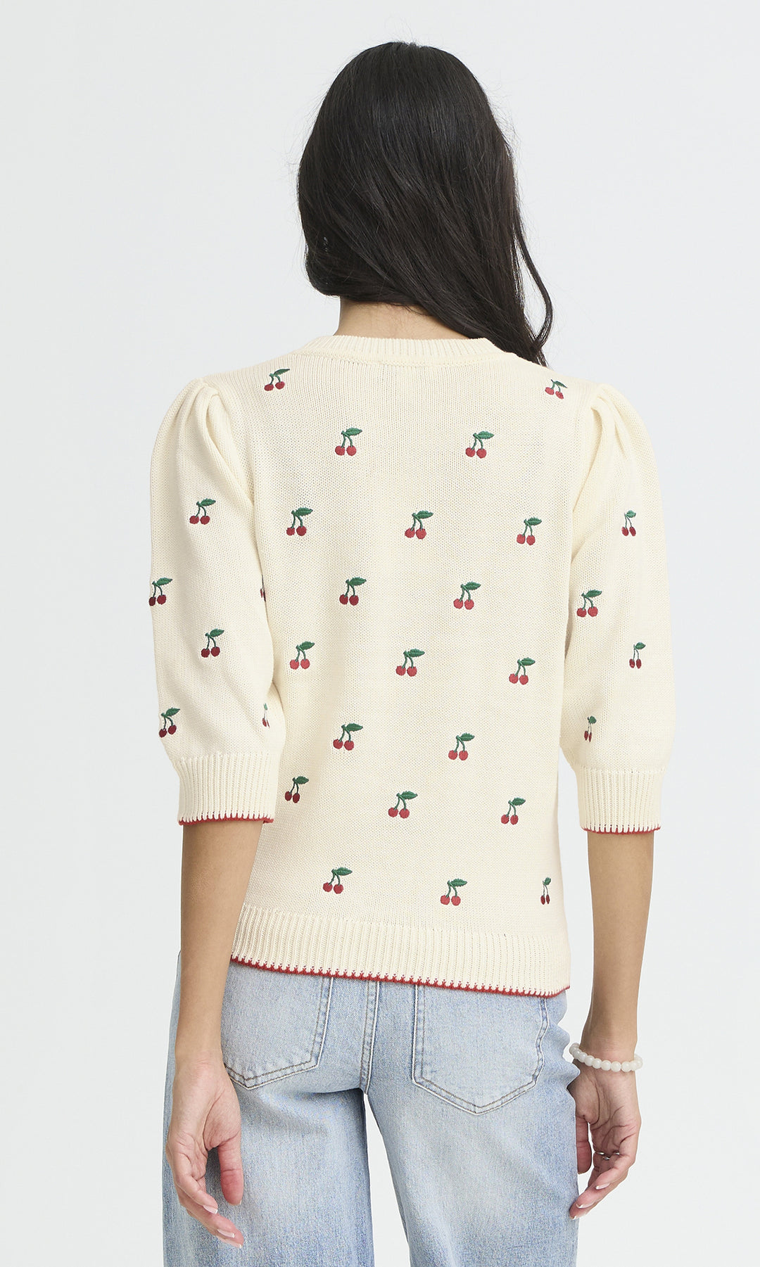 Cherry Print Elbow Sleeve Knit Sweater