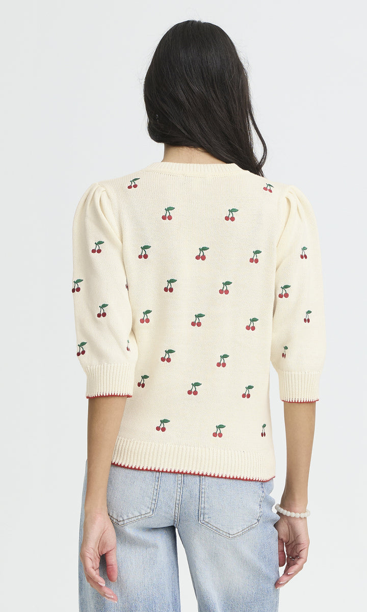 Cherry Print Elbow Sleeve Knit Sweater