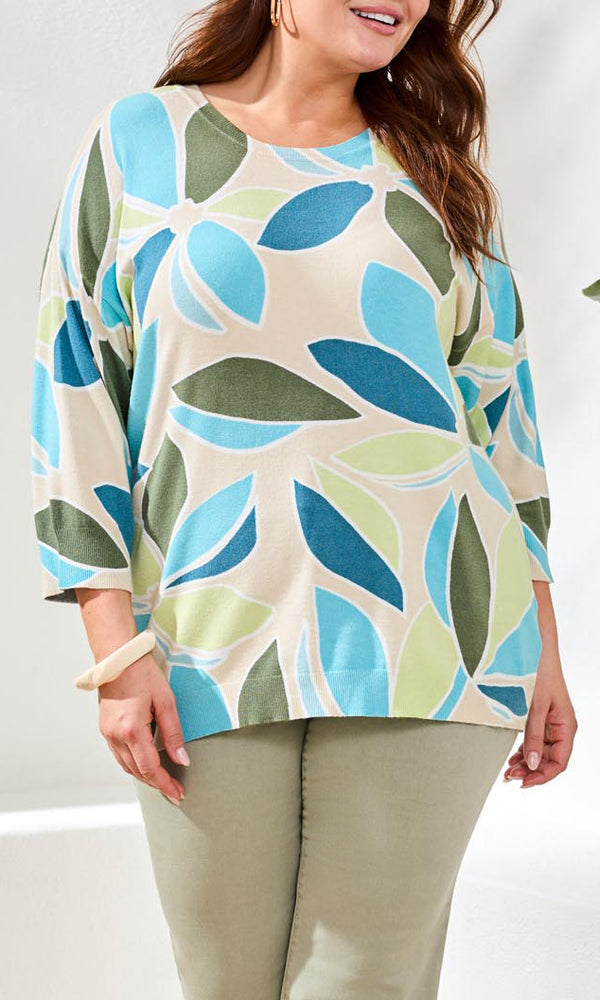 Abstract Leaf Print 3/4 Sleeve Knit Pullover