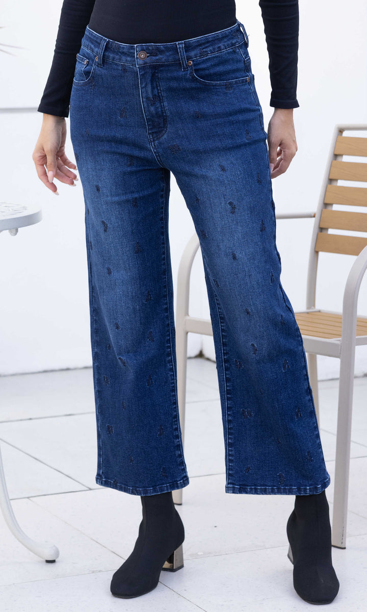 Embroidered Wide Leg Crop Jeans