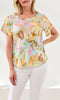 Abstract print short sleeve relaxed fit lightweight summer top with round neckline.