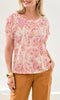 Abstract print short sleeve relaxed fit lightweight summer top with round neckline.